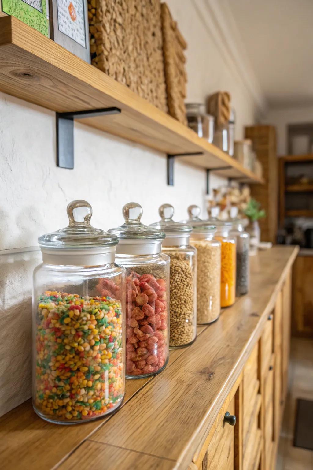 Glass containers add style and make changing cereals easy.