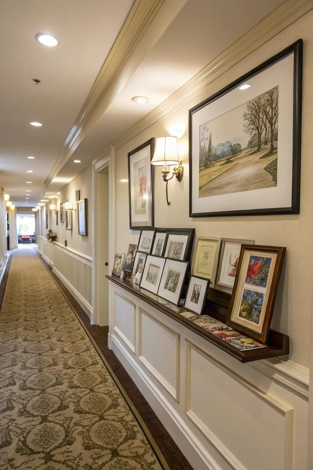 Personalize your space by creating an art gallery with a chair rail shelf.