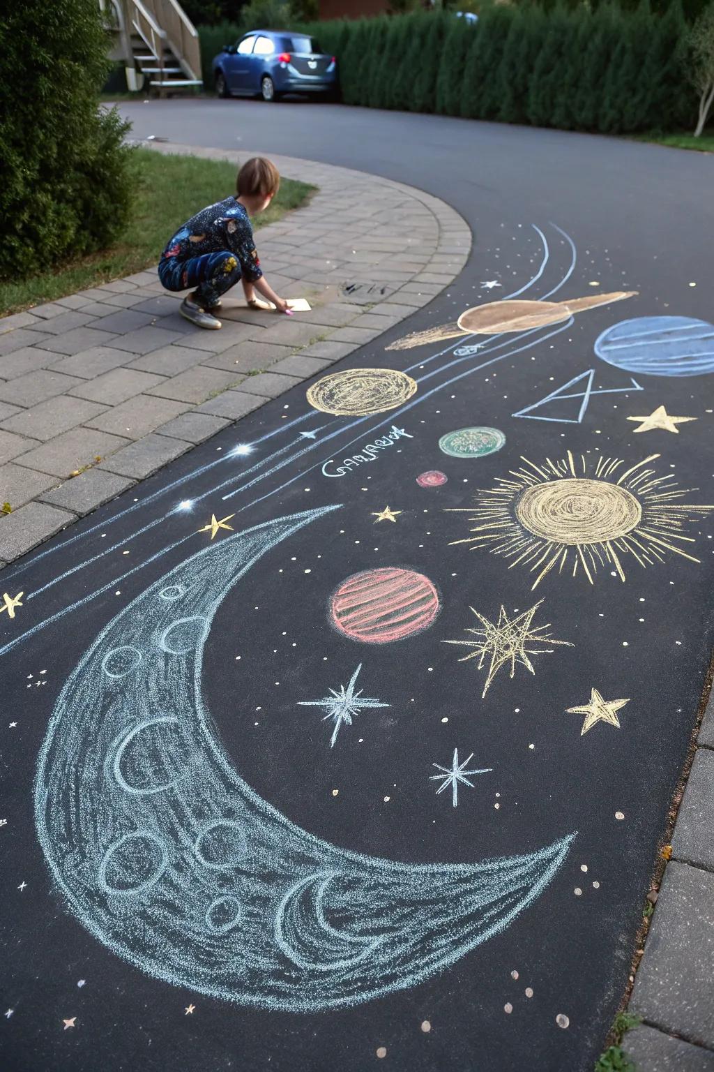 A stunning cosmic vista crafted with dust sticks, showcasing stars and planets.