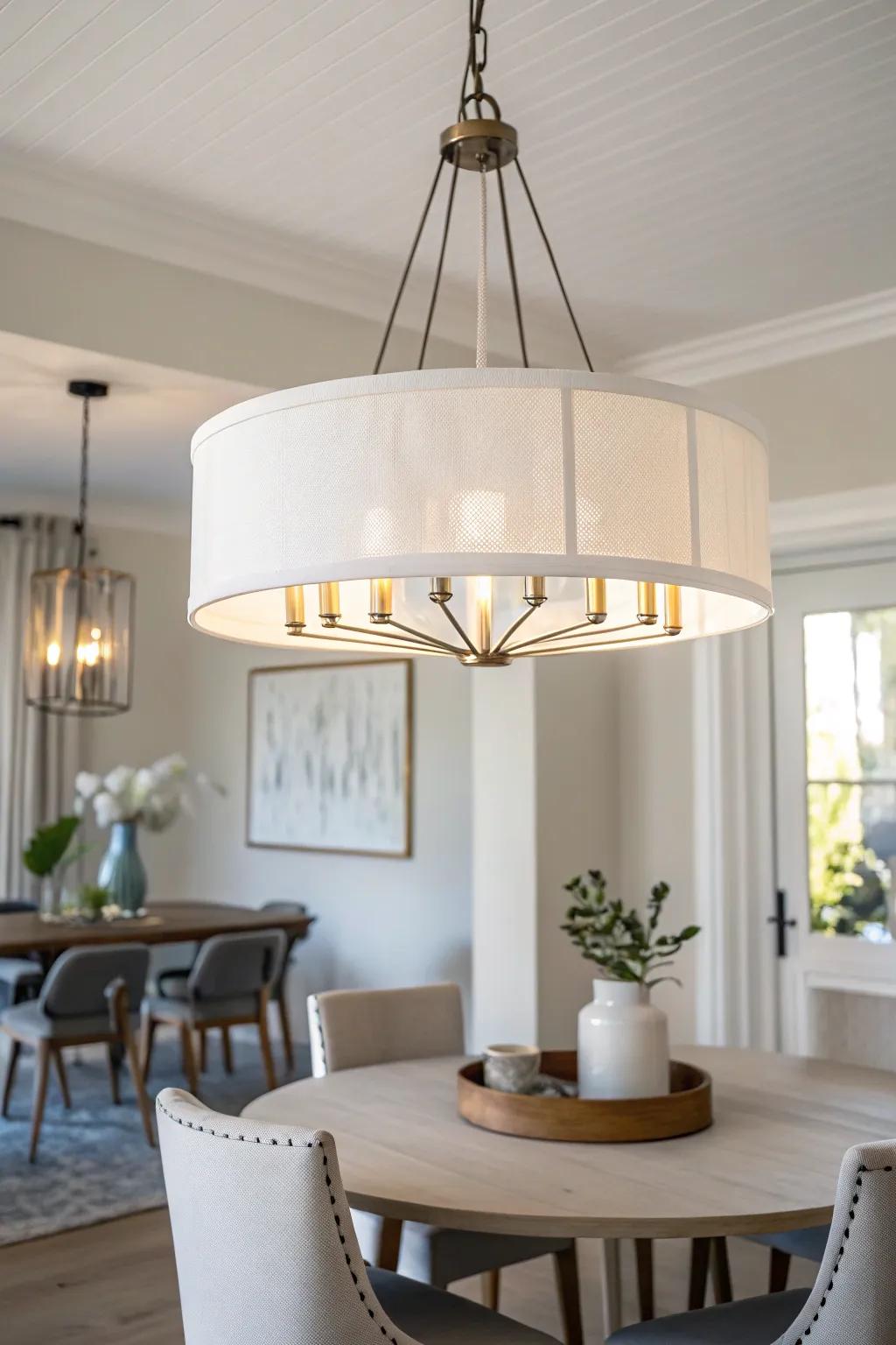 A modern minimalist chandelier complements the refined aesthetic of a compact dining area.