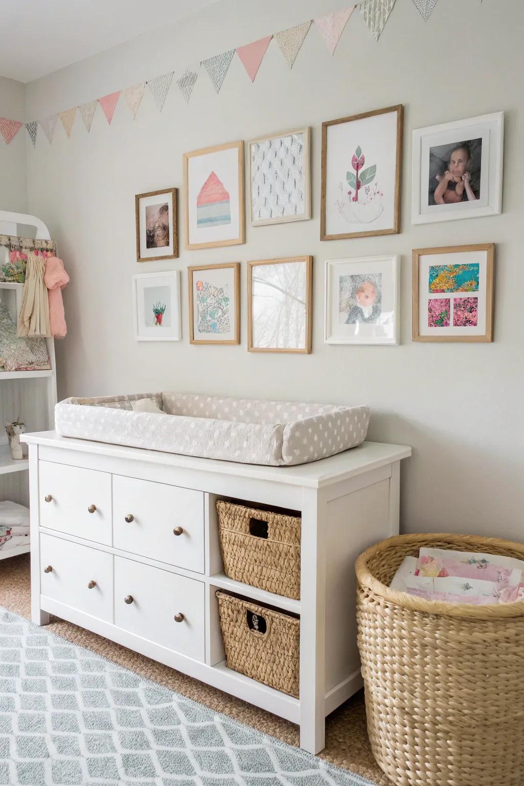A petite picture display lends a personal feel above the changing station.