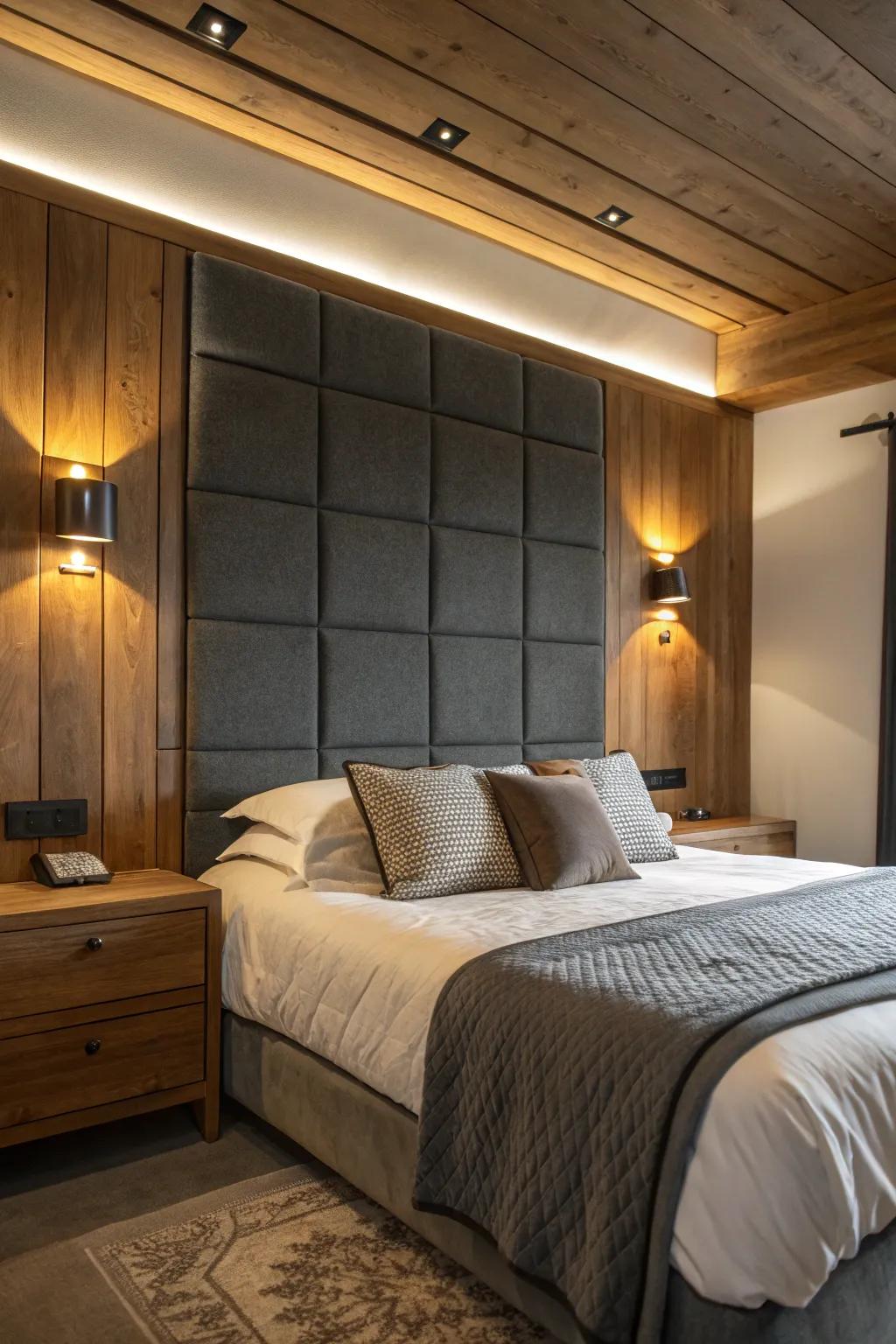 Warm timber highlights accentuate the serene shades of an inky grey headboard.