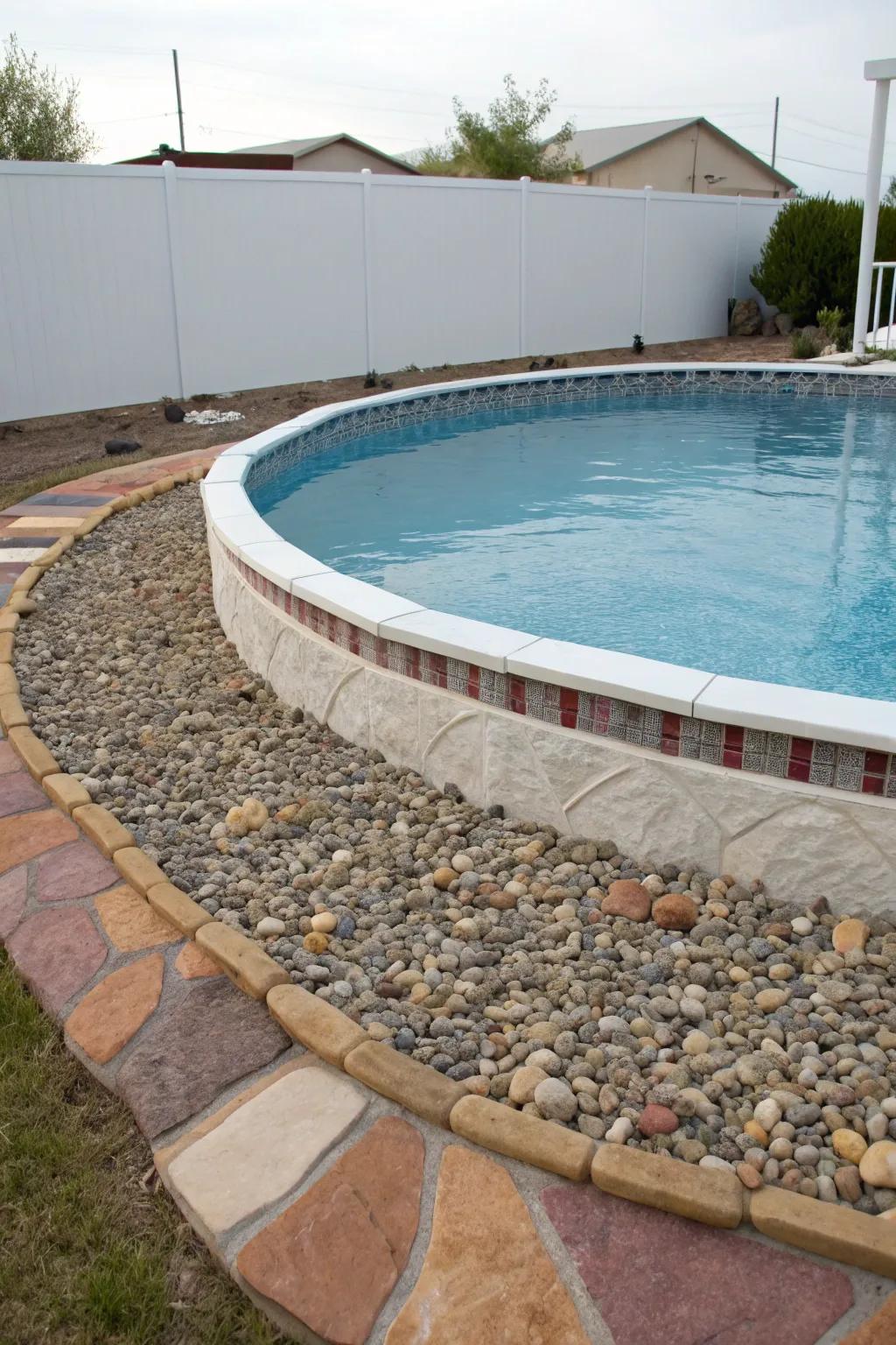 Crushed rock edging enriches your pool area with color and texture.