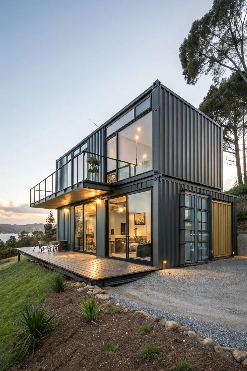 A stylish cargo box home showcasing modern industrial aesthetics.