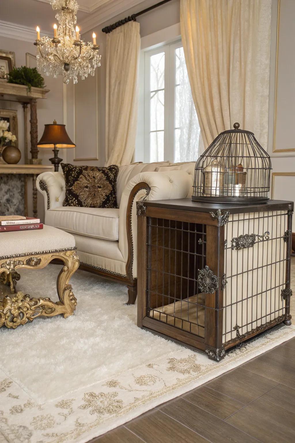 A wire kennel can easily stand in as a fashionable accent table.