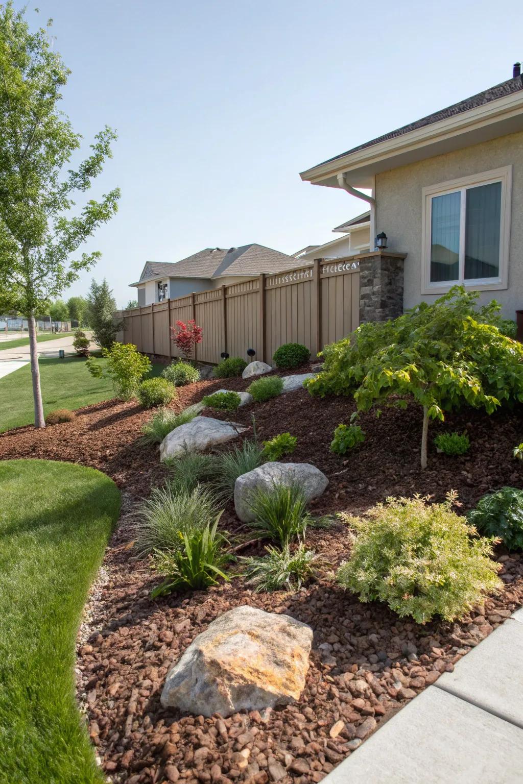Wood chips and boulders provide a natural landscape that's delightfully easy to maintain.