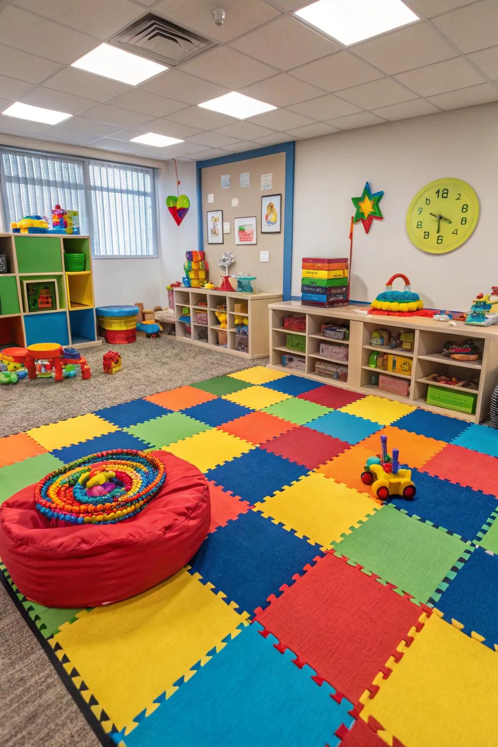 Combine different carpet tiles to craft a delightful, cozy environment.