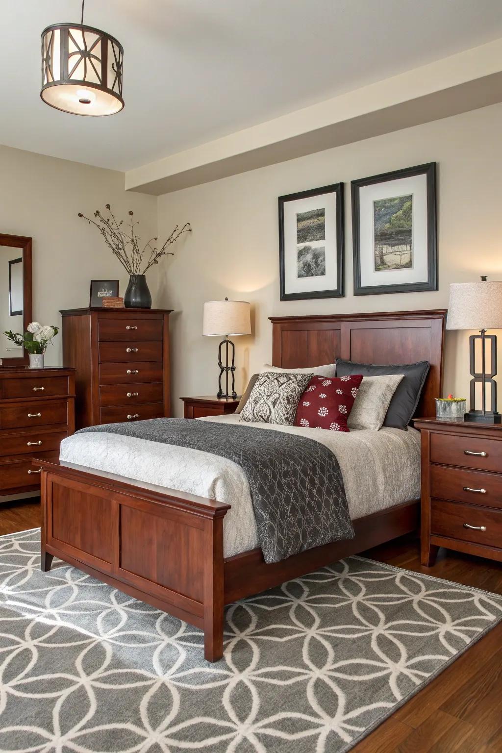 A smooth integration of traditional walnut wood and current decor features.