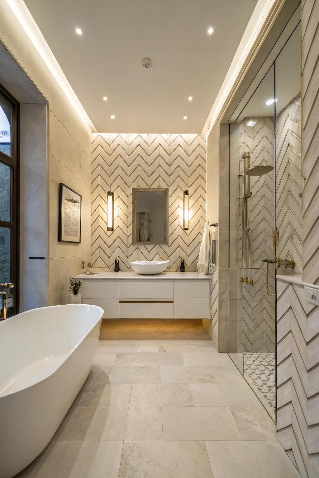 Herringbone tiles establish a soothing and spacious atmosphere in this graceful bathroom.