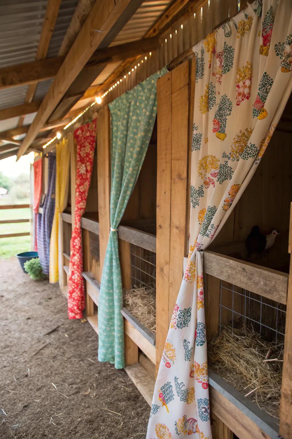 Drapes for nesting boxes offer solitude and introduce a burst of color.