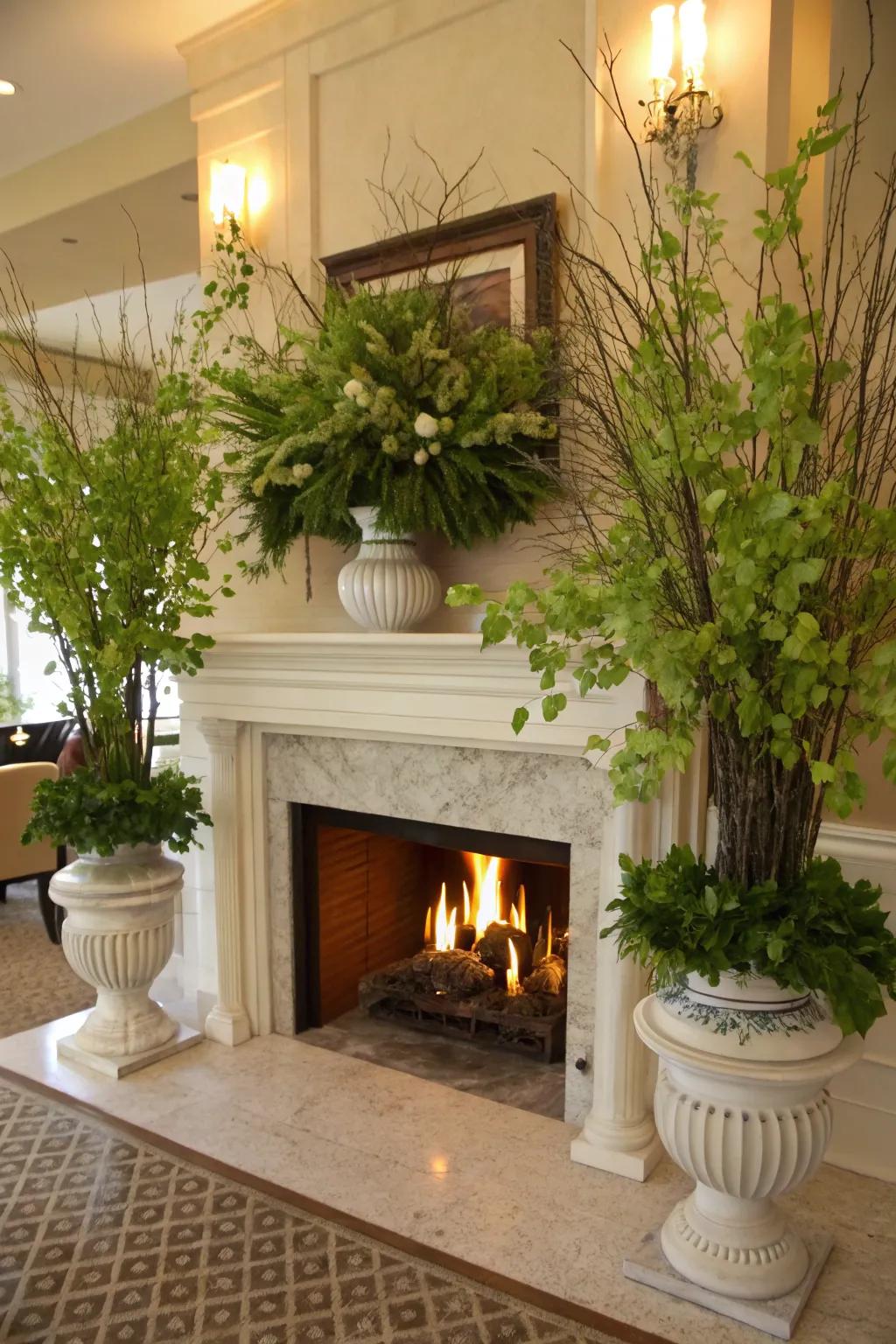 Greenery encircling the fireplace instills natural beauty into the area.