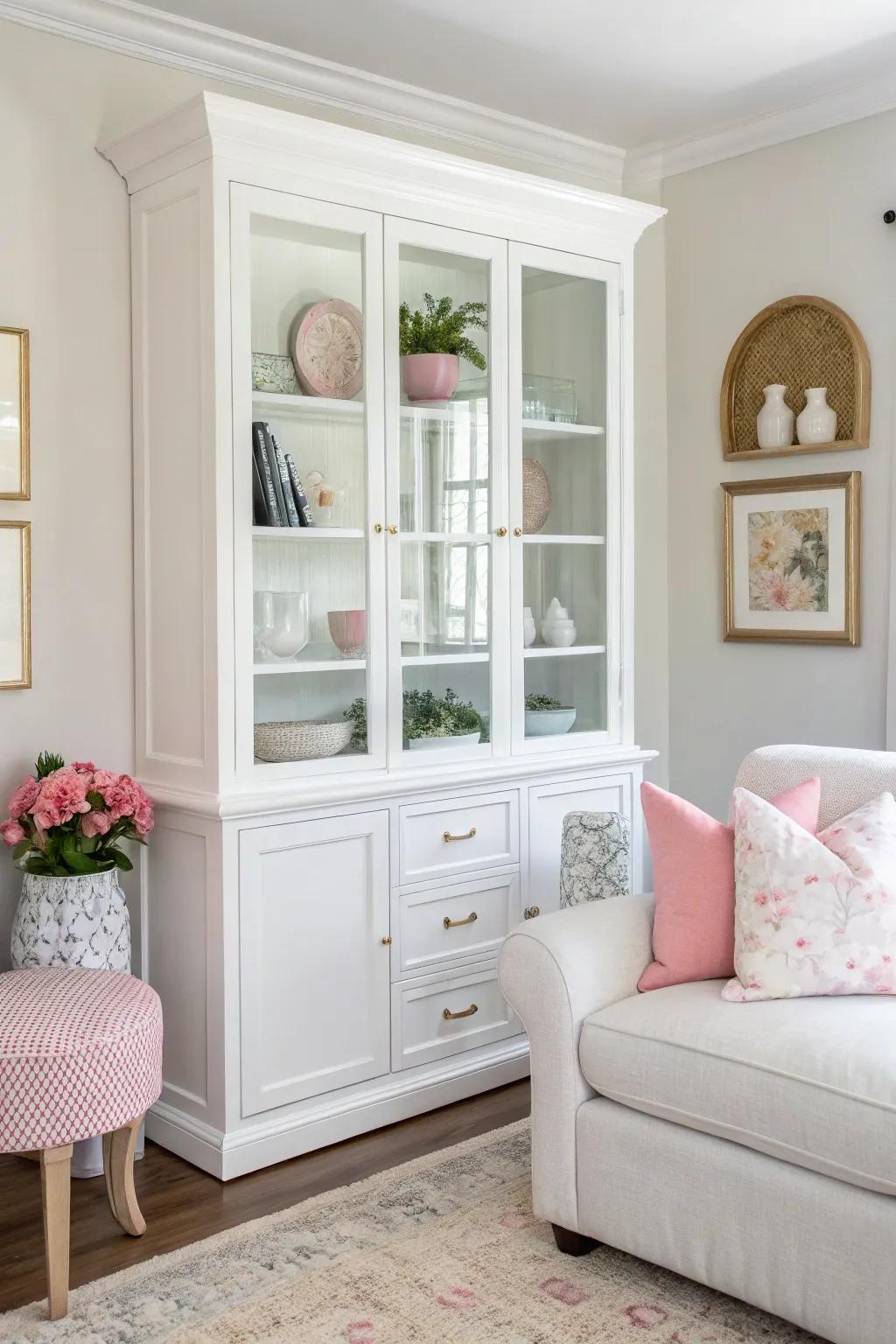 Modern white china cabinet in a light and airy living room.
