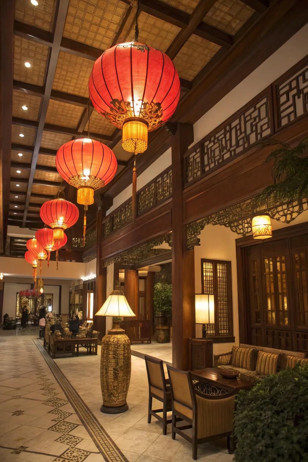 Classic Oriental lanterns spreading a snug radiance in the lobby.