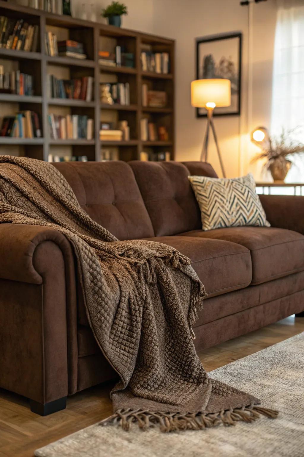 A layered throw introduces dimension and comfort to a cocoa sofa.