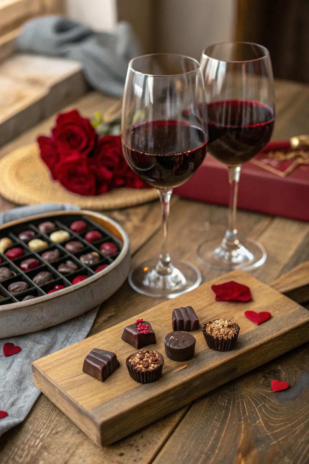 A comfortable arrangement for a chocolate and wine tasting session.