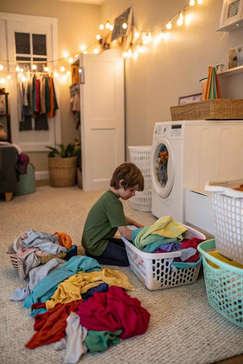 A young child arranging colorful laundry into hampers.