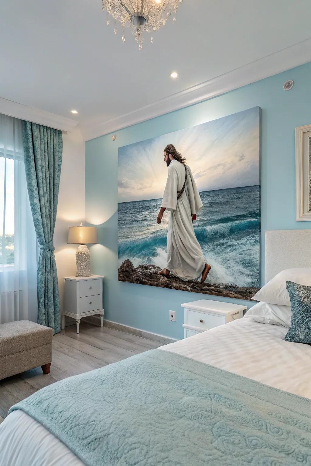 A serene artwork depicting the Redeemer walking on aqua, perfect for a tranquil bedroom atmosphere.