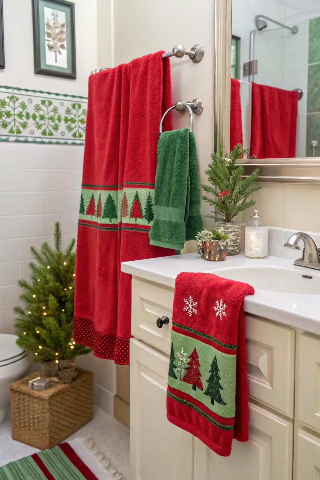Simple holiday-themed towels can transform the bathroom's ambiance.