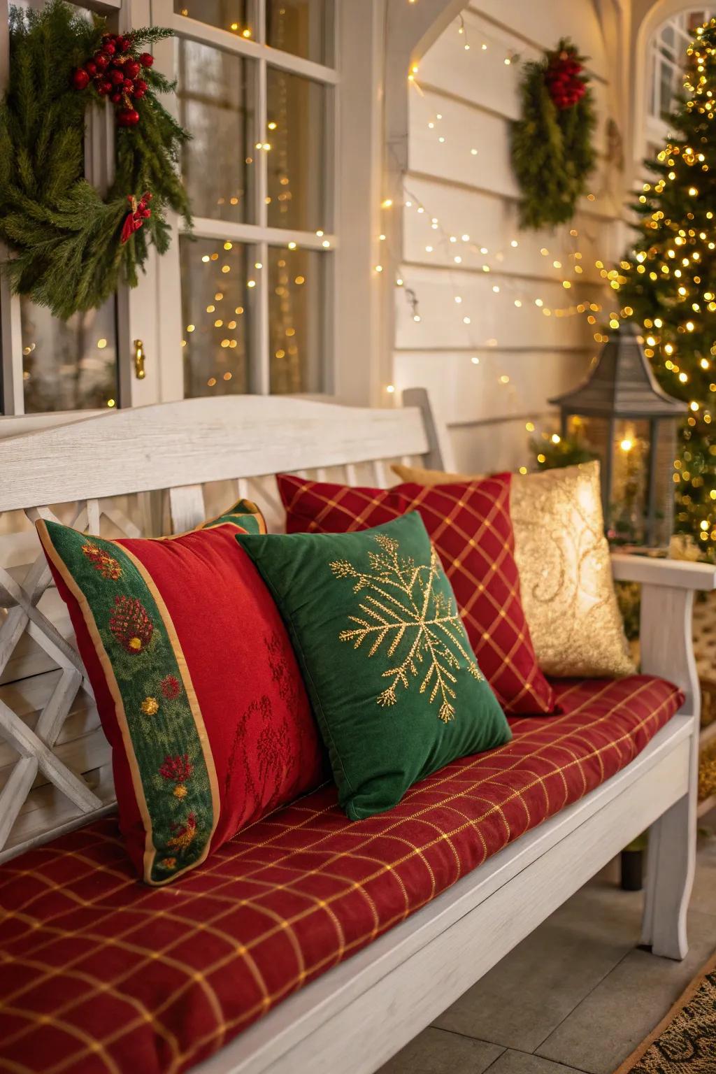 Holiday-inspired pillows inject vibrancy and merriment into any bench setting.