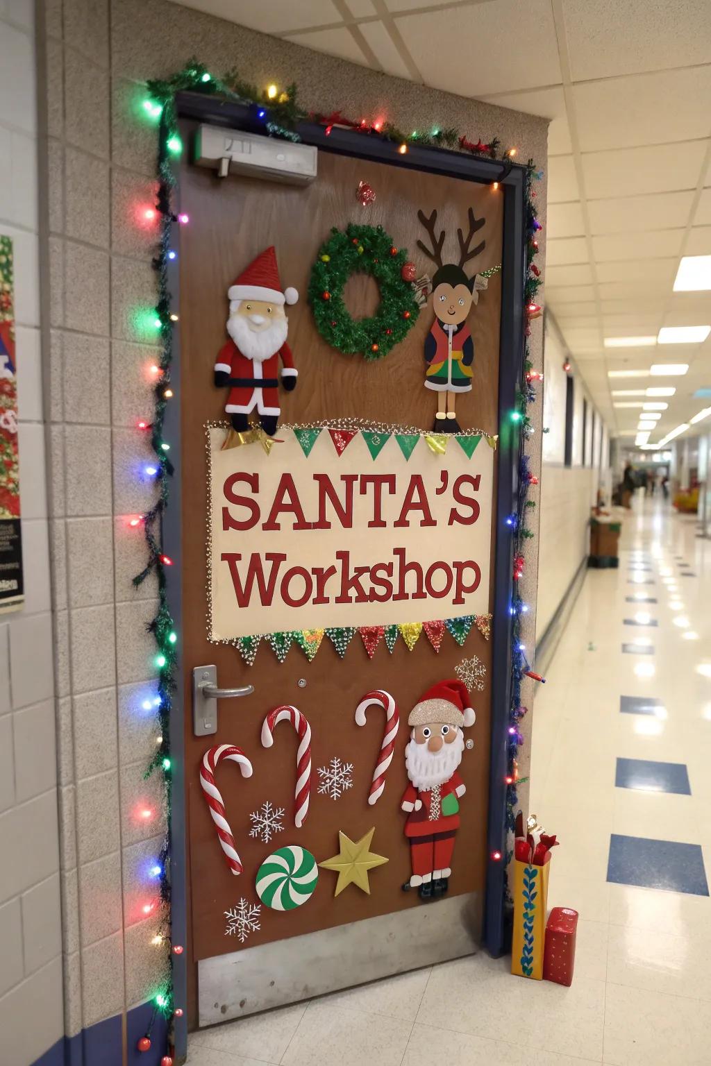 Santa's workshop comes to life on this festive school door.