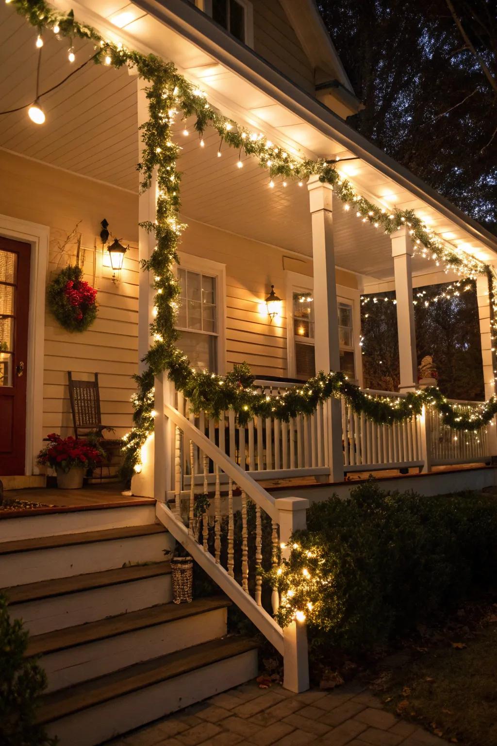 A front porch adorned with festoons and lights, creating a festive and inviting entrance.