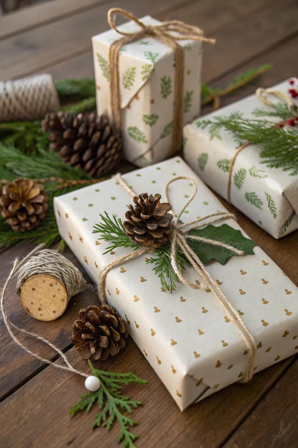 Gifts decorated with natural decorations for a country feel.