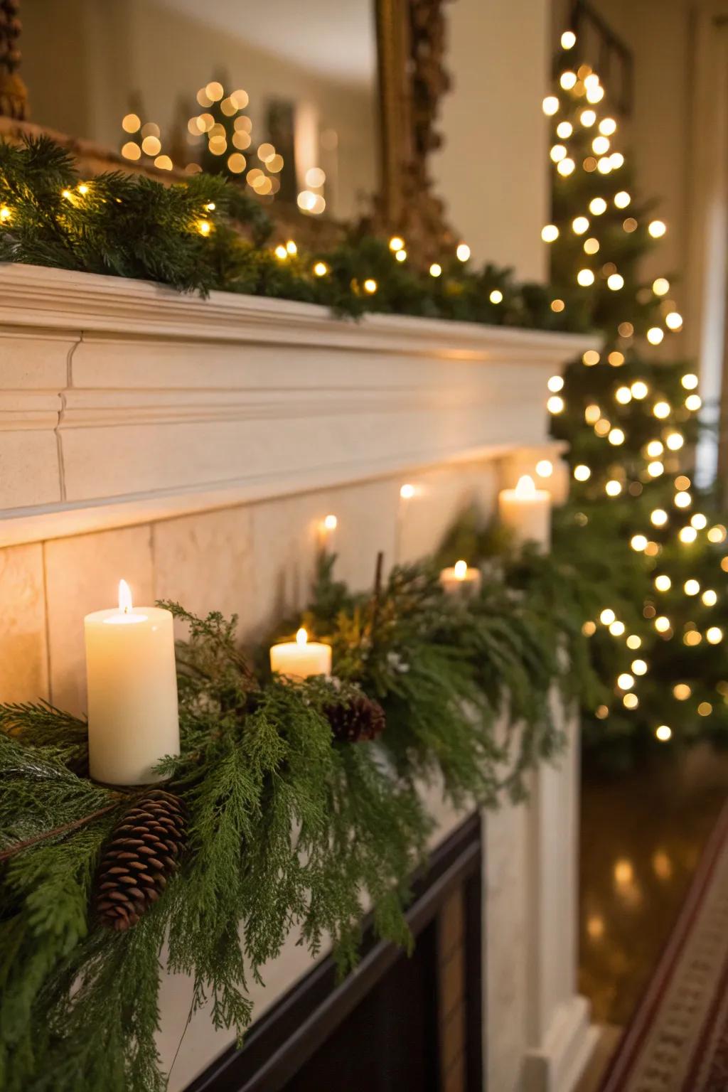 An exquisitely adorned mantel, all set for Christmas.