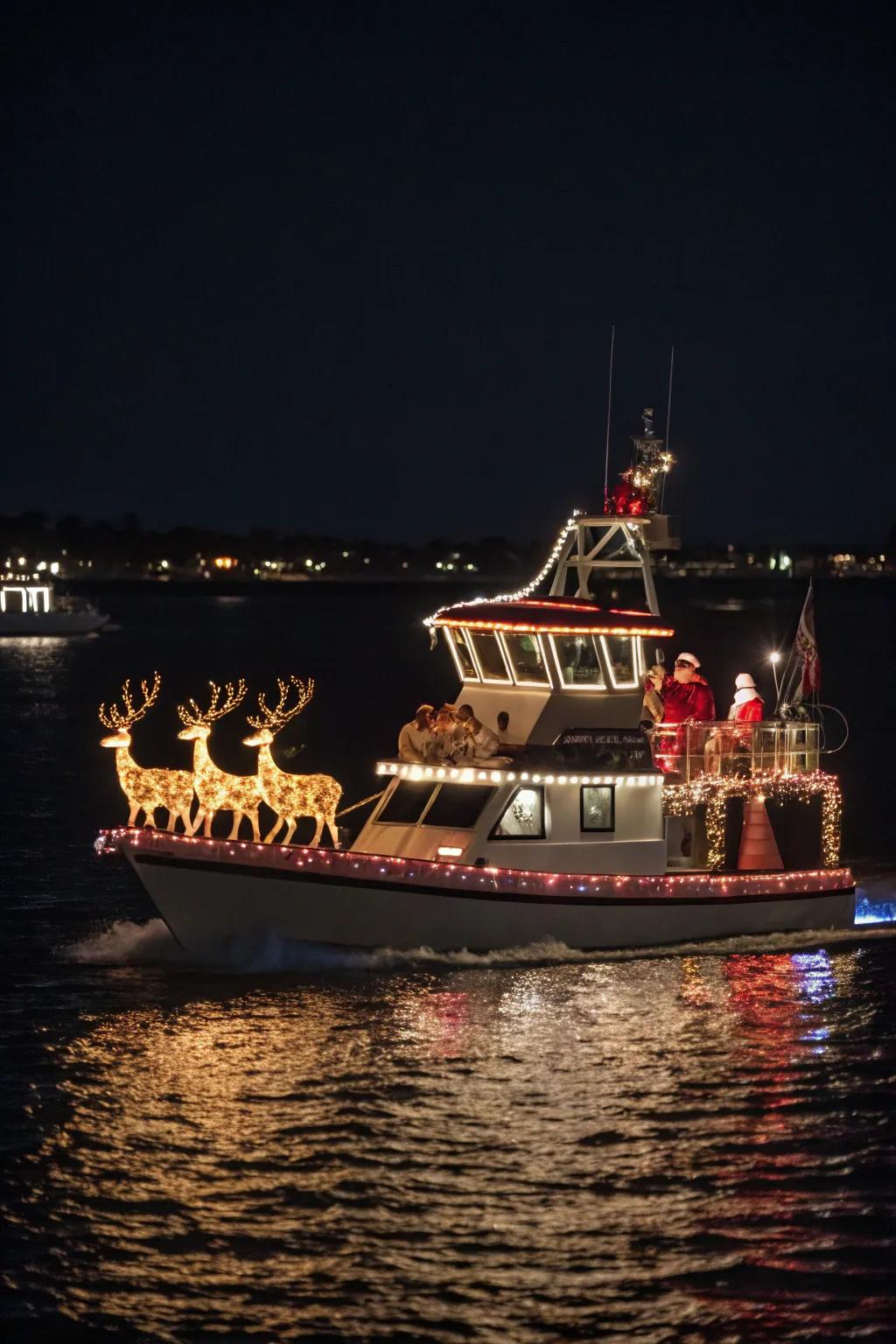 A boat delightfully reimagined as Santa's sleigh, commanding attention as it leads the parade.
