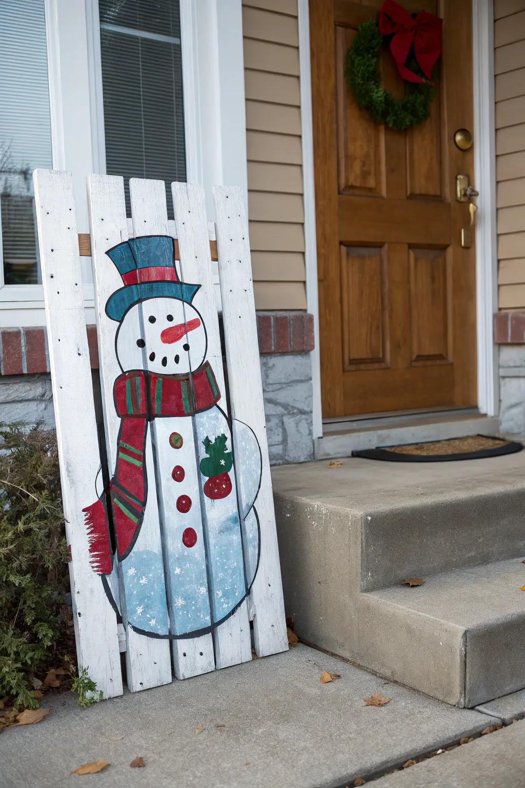 Infuse merriment into your entrance with a snowman pallet.