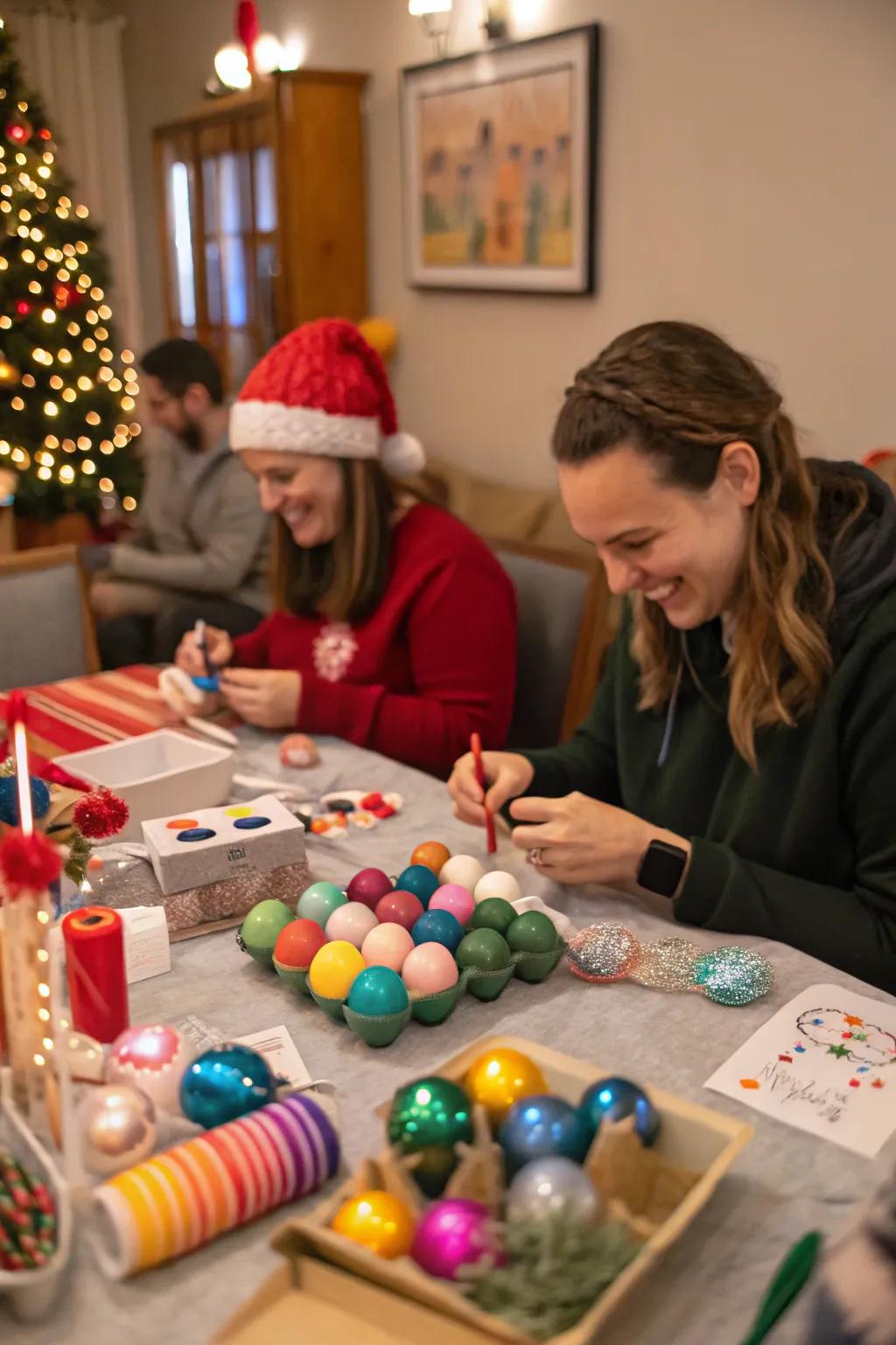 A lively DIY ornament creation spot primed for holiday crafting.