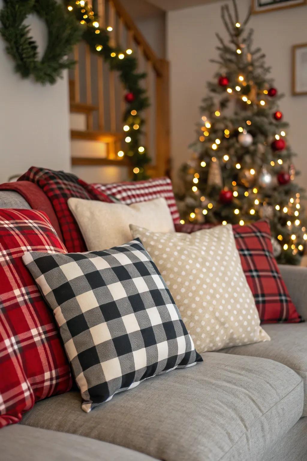 Plaid cushions introducing a cozy warmth to the family room.