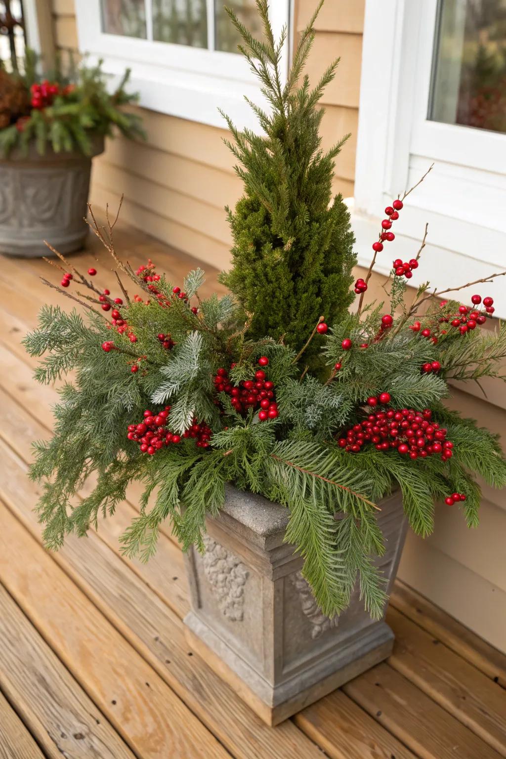Scarlet berries append a quintessential holiday nuance to your containers.