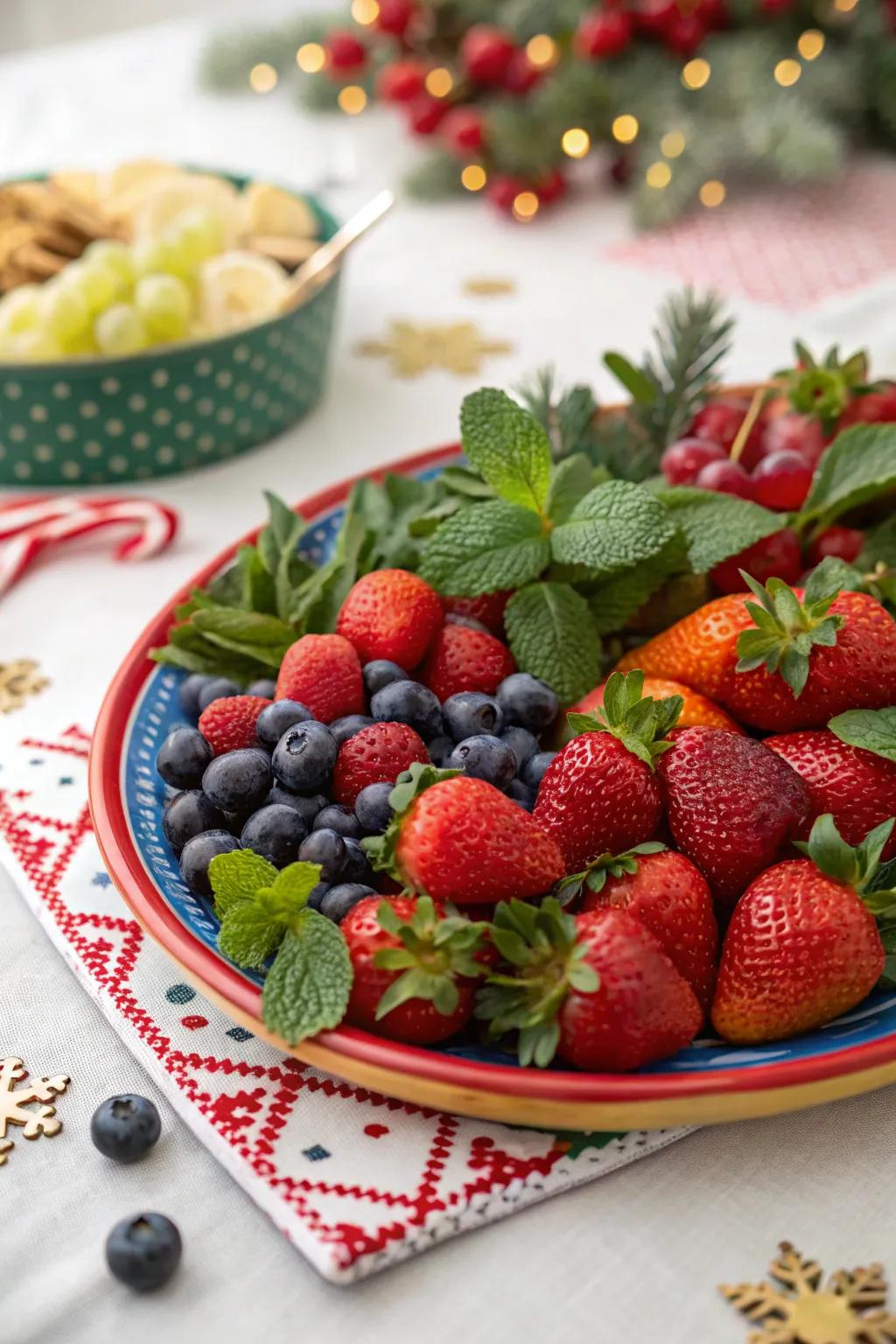 A vibrant fruit and berry platter perfect for holiday celebrations.