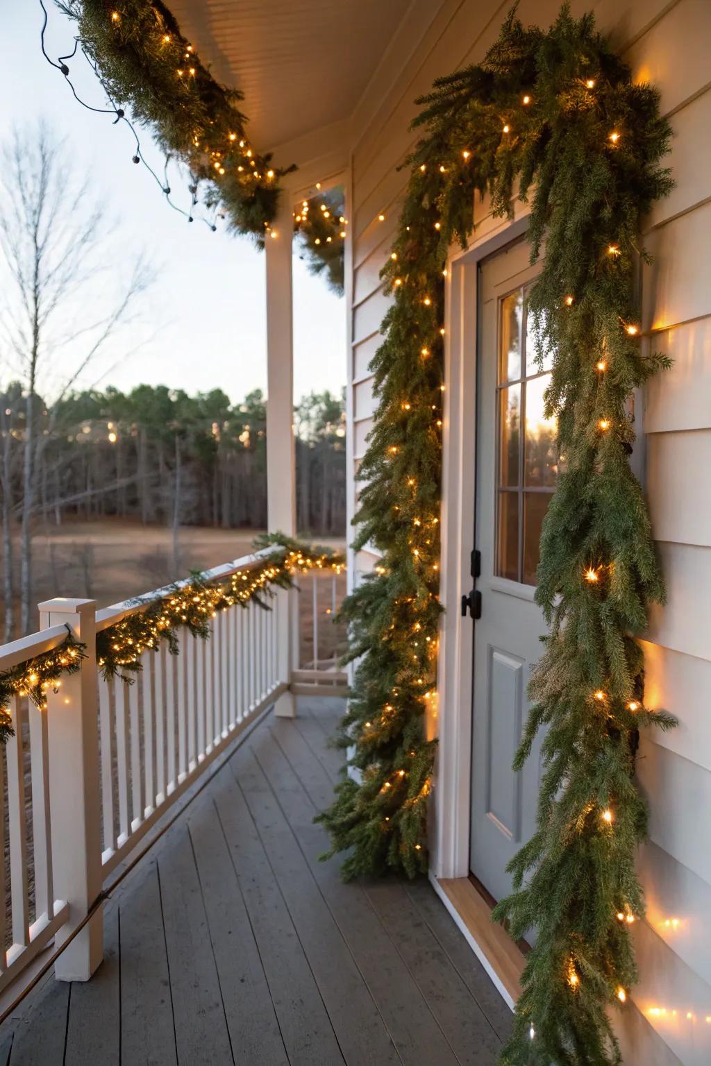 A luminous garland of evergreen and lights that brings an enchanting ambiance to the porch.