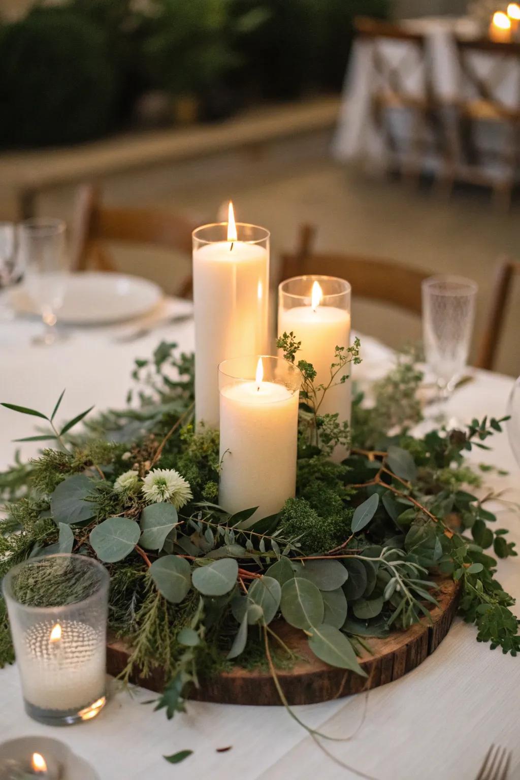 Lights encircled by greenery fashion a snug, inviting atmosphere.
