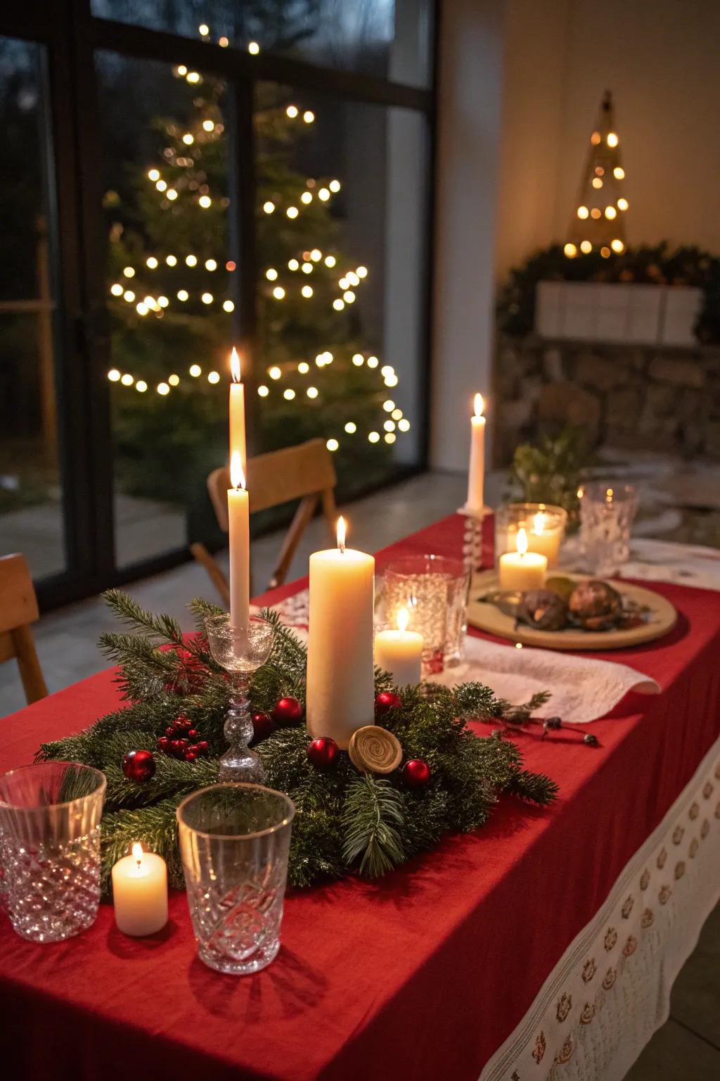 Illuminating wax pillars of differing dimensions bring warmth to the jovial table.