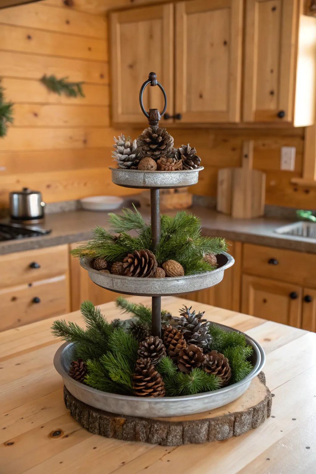 Woodland elegance featuring fir cones and foliage on a tiered stand.