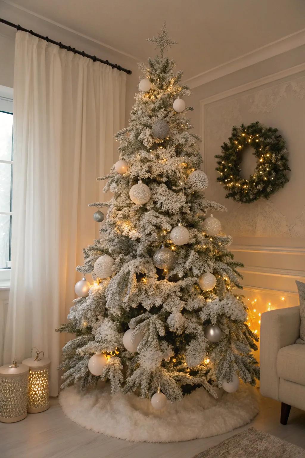 A snow-kissed Christmas tree lending a wintry impression.