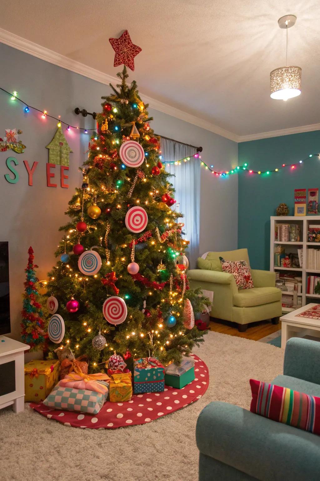 A whimsical Christmas tree adorned with candy-themed ornaments and colorful lights, perfect for a playful holiday ambiance.
