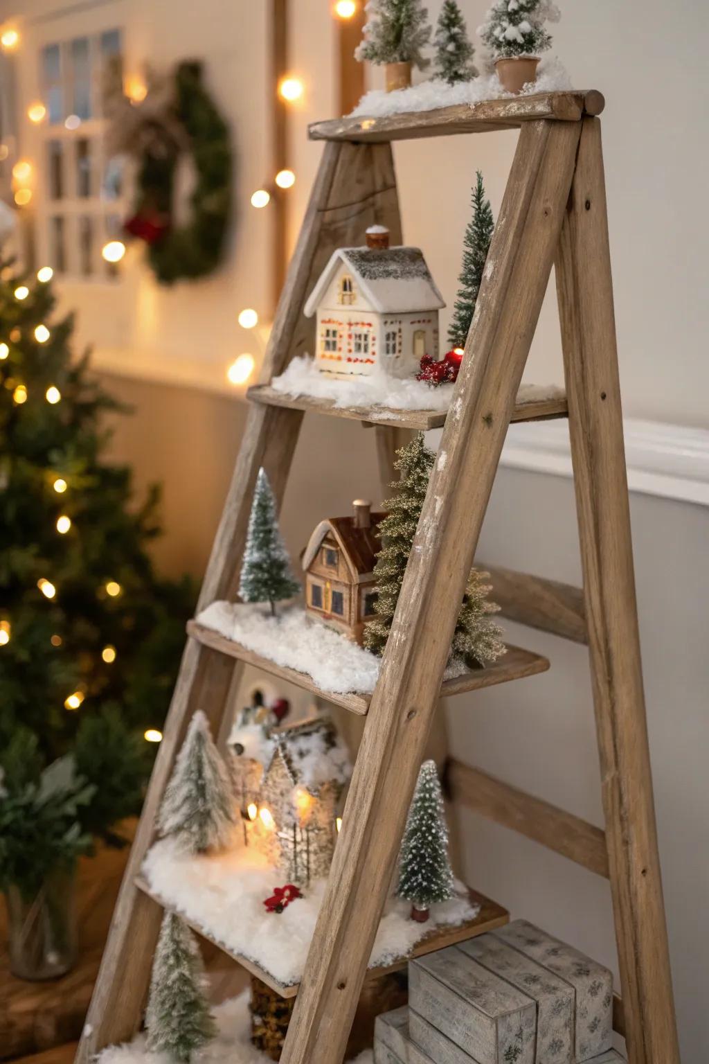 A vintage ladder transitions into an endearing and homespun Christmas hamlet exhibition.
