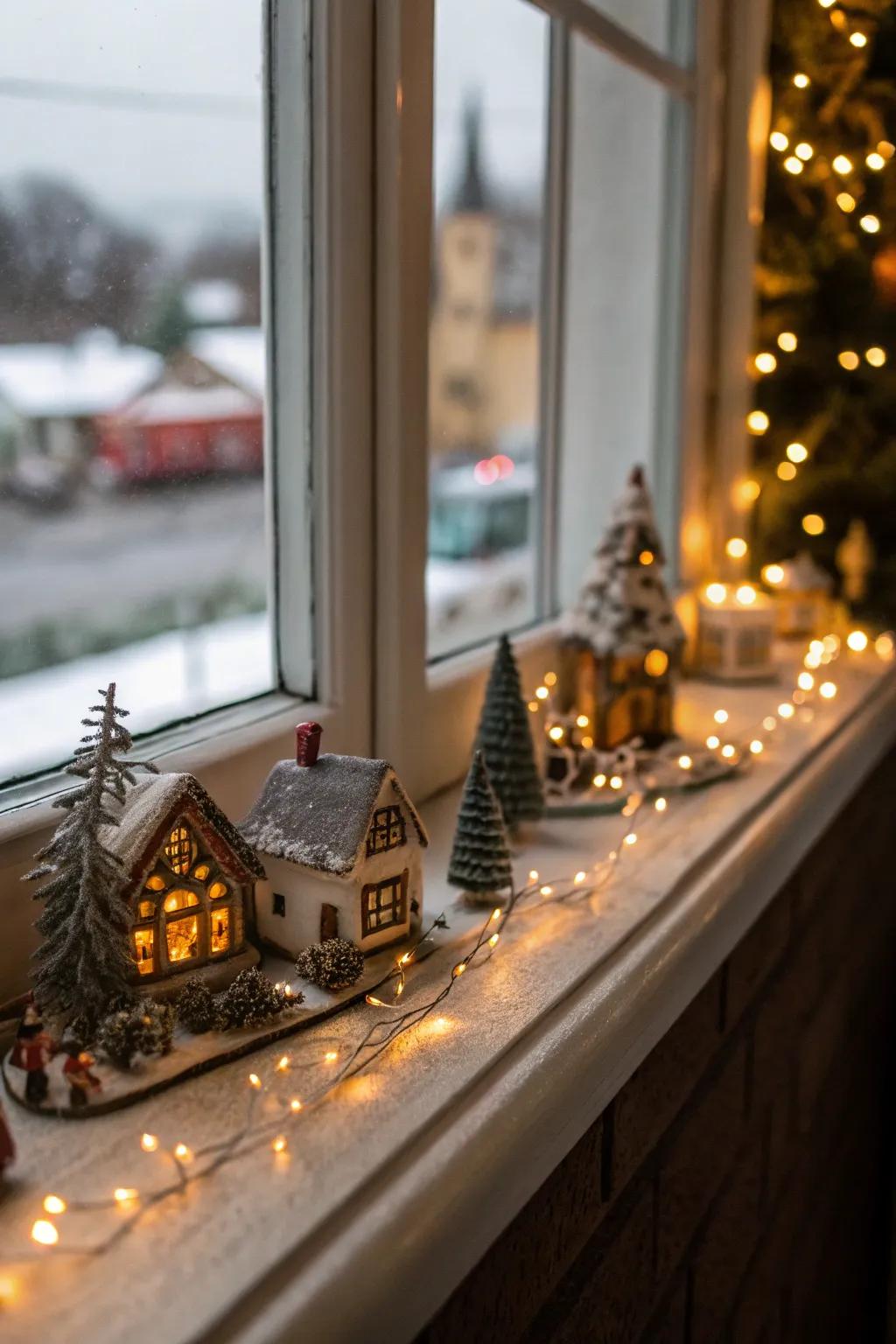 A window ledge offers a unique view of a festive Christmas village.