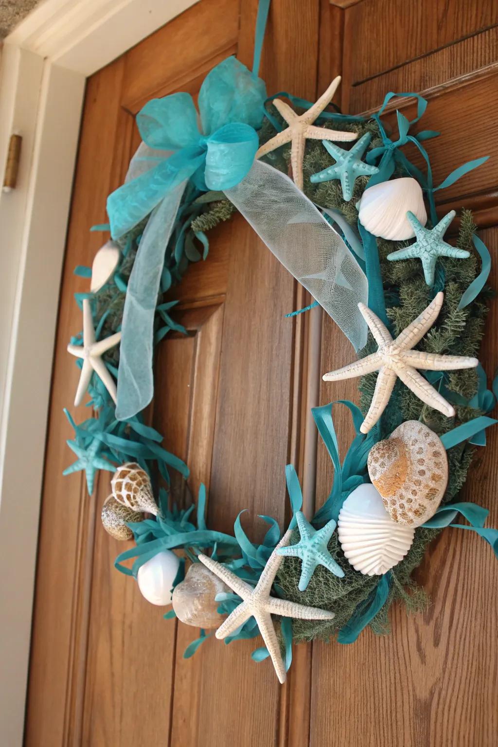 A maritime-themed wreath featuring constellations and sea-foam elements, ideal for coastal-themed abodes.