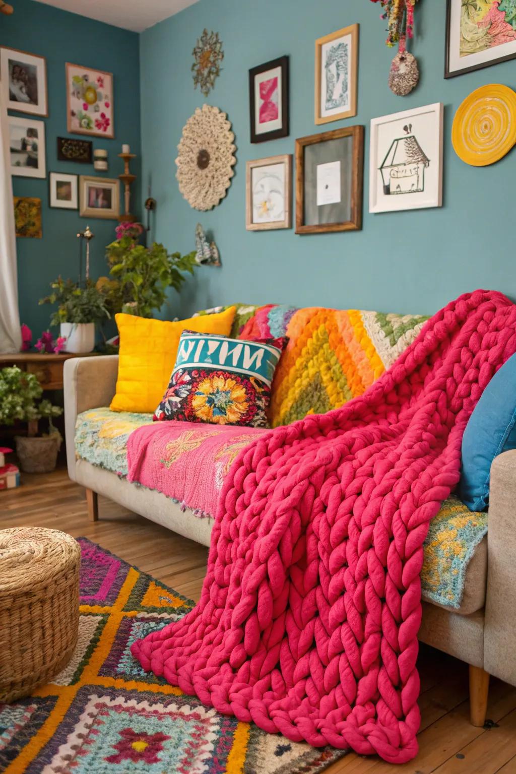 Make a statement using strong-colored blankets.