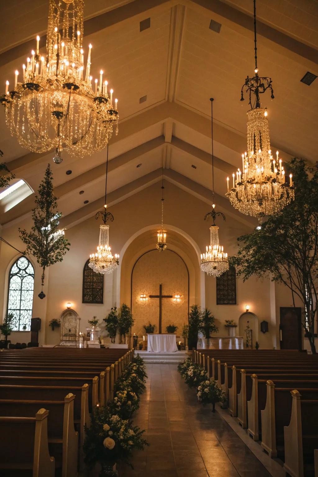 Elegant chandeliers fashion a warm and classic ambiance.