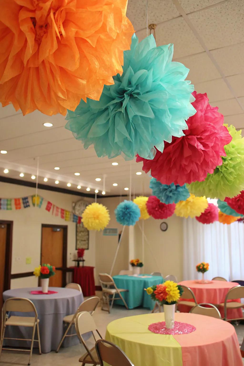 Oversized paper blossoms bring bright hues to your Cinco de Mayo decorations.