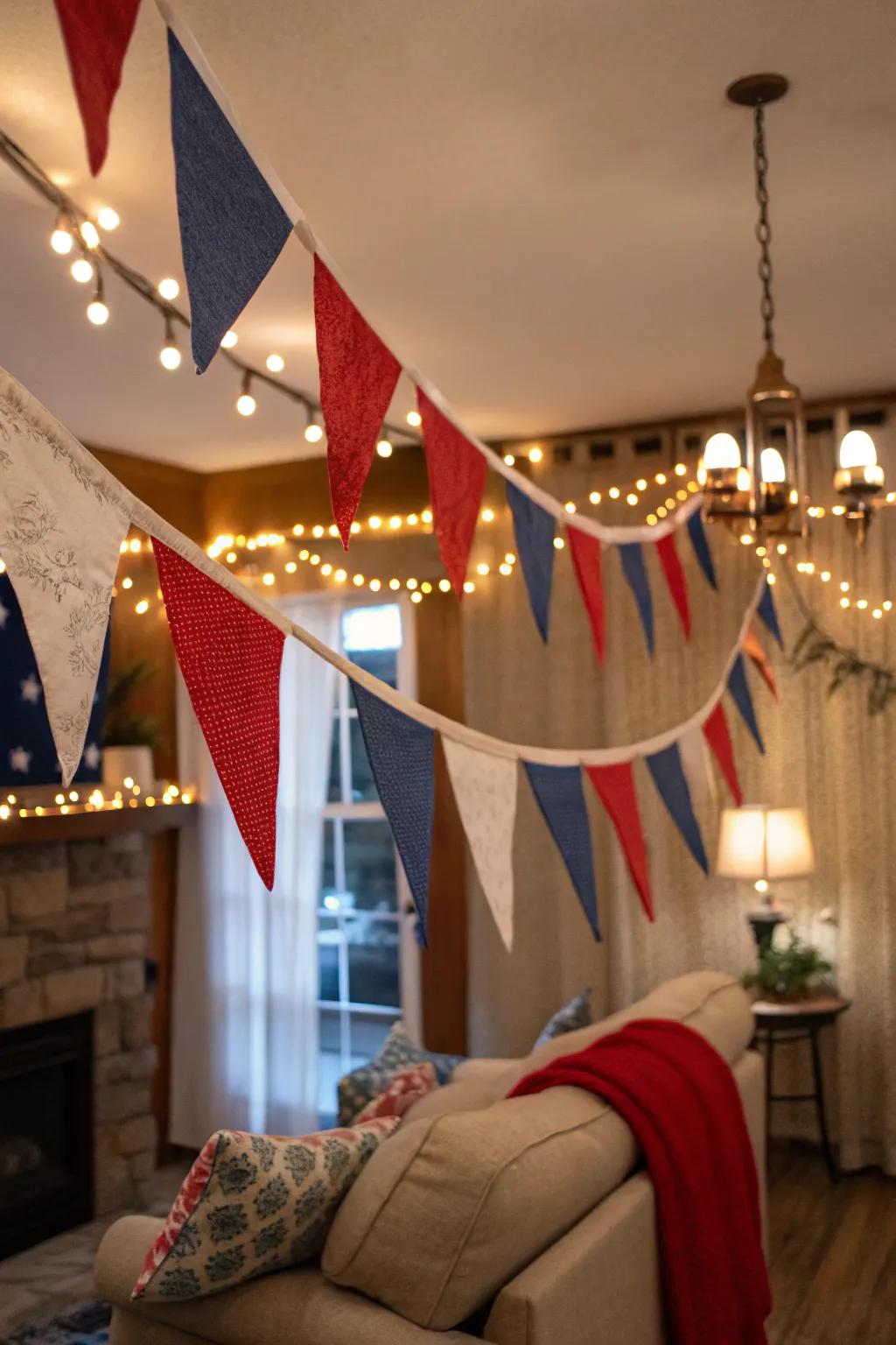 Handmade flag banners give a personal touch to the décor.