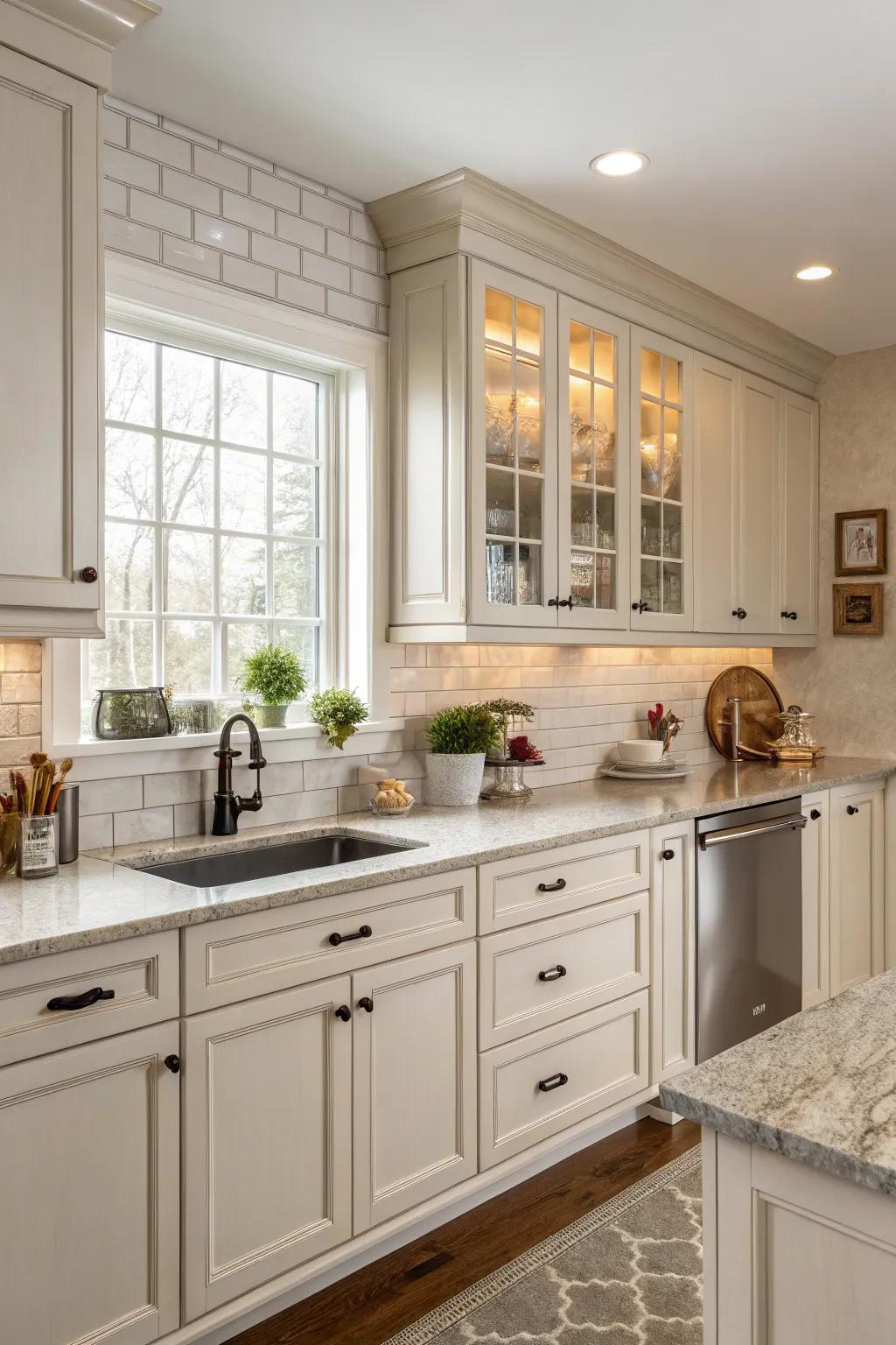 Gentle tones fashion a tranquil and enduring backdrop in a kitchen.