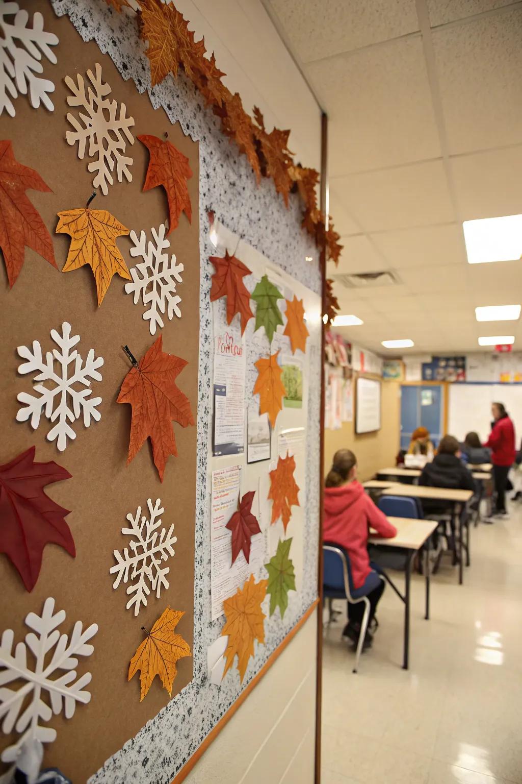 A calendar board that changes with the seasons, featuring autumn foliage and winter crystallized decorations.