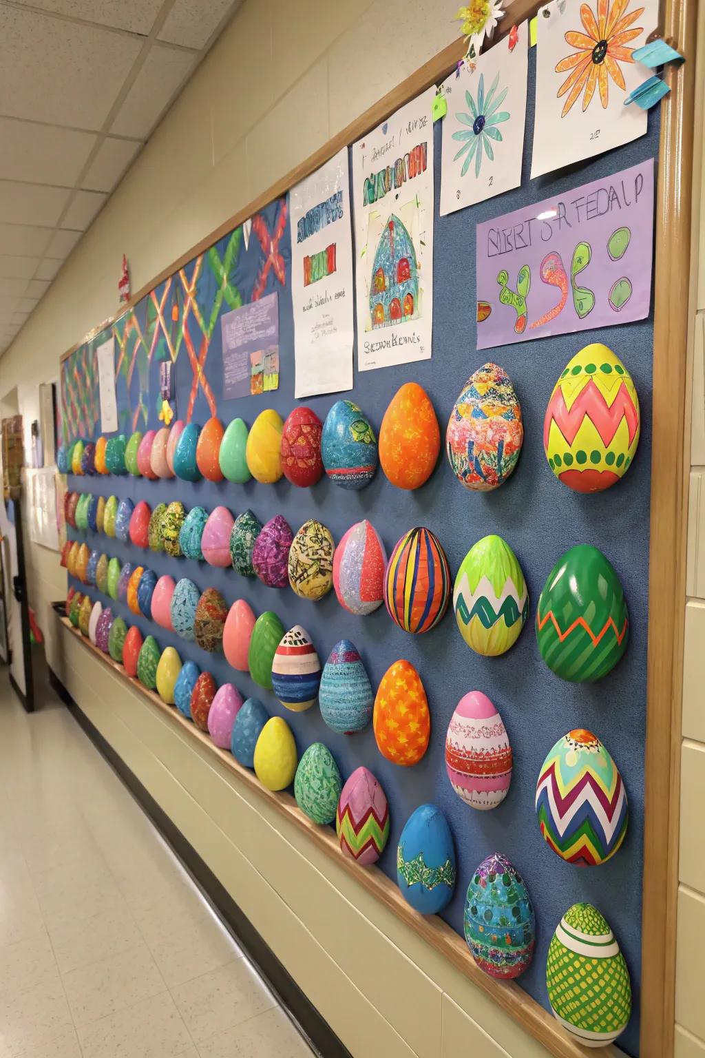 A vibrant display of geometric Easter eggs designed by the students.