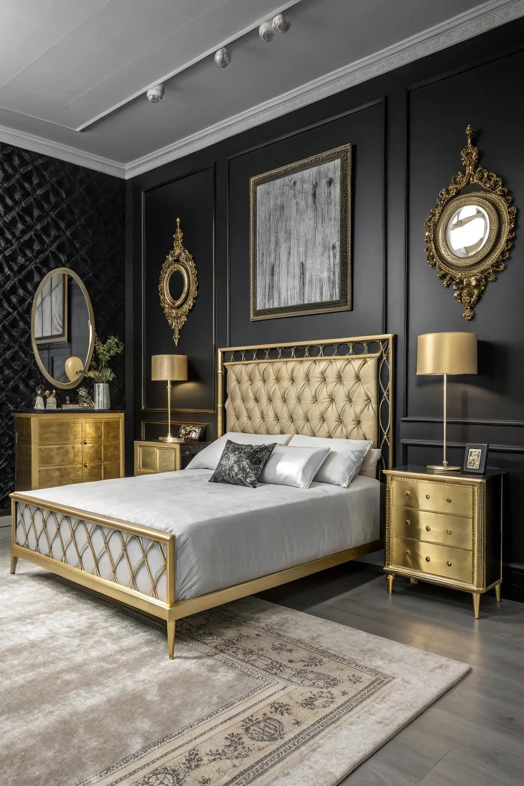 Metallic accents bring a hint of luxury to this monochromatic setting.